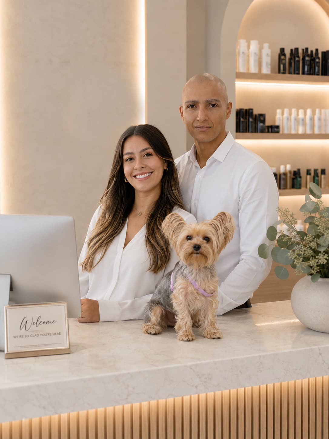 Erika and Esteban behind a salon front desk with their dog Chloe