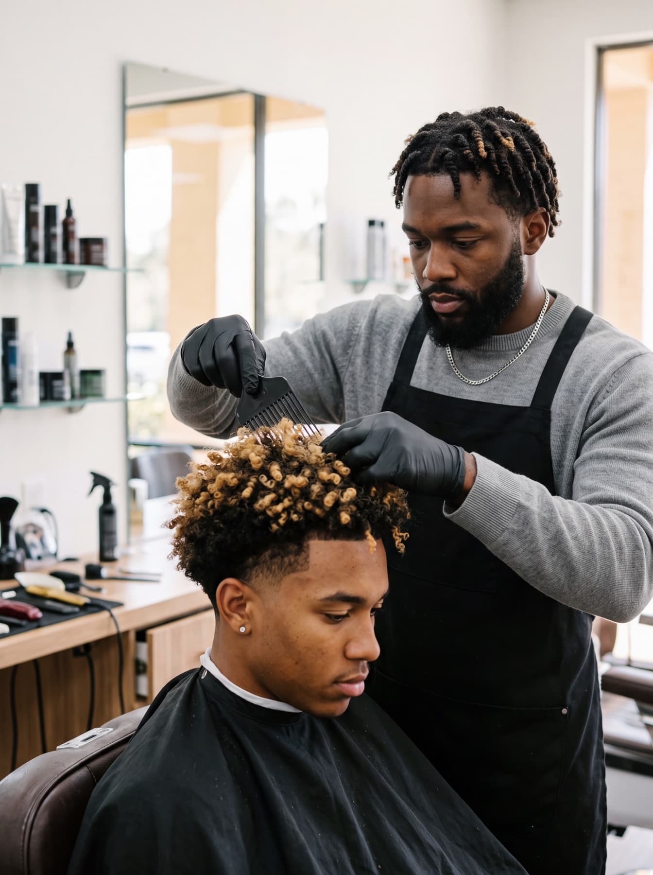 A barber cutting a client's curly hair