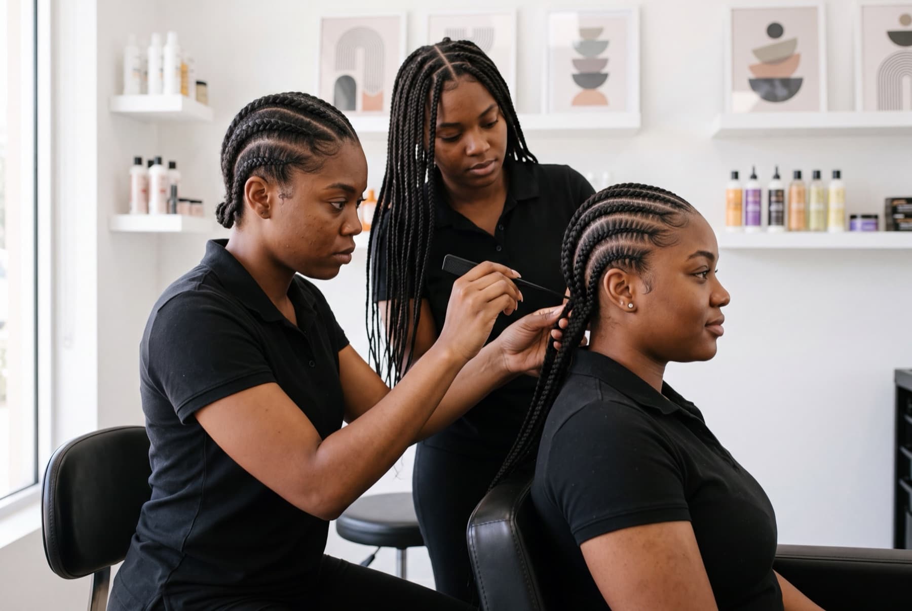Two braiders working cornrows on a client's hair