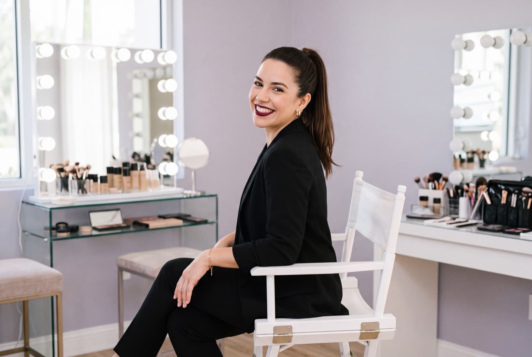 A makeup artist in black seated in her studio, smiling